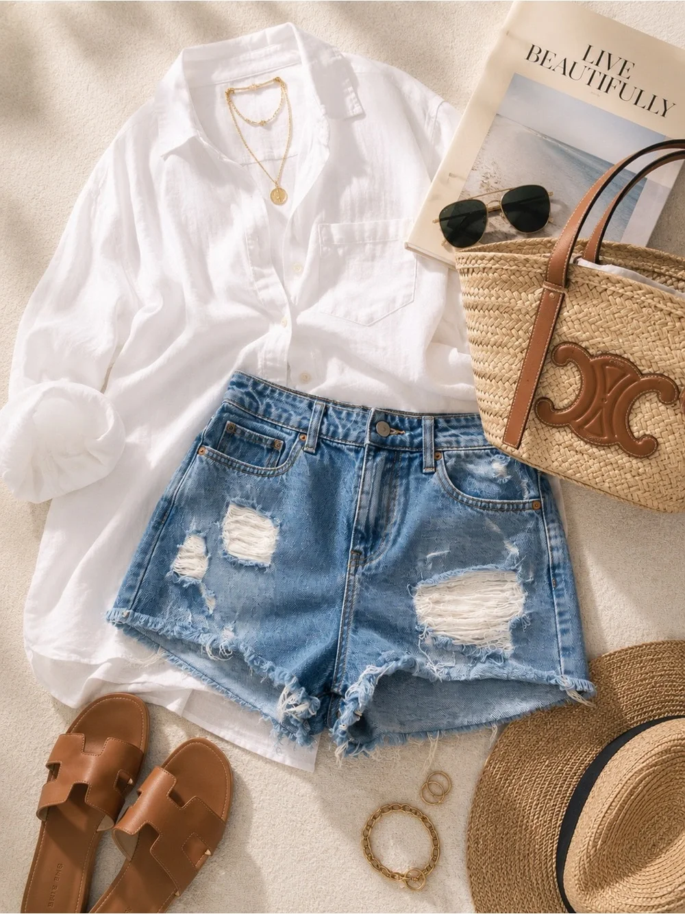 Blue‎ Distressed Jean Shorts with Cut-Off Hem